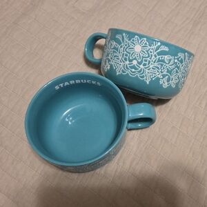 Starbucks Teal and White Floral Mug Pair